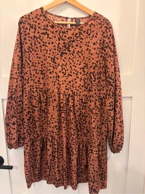 SHEIN Rust Leopard Print Long Sleeve Tiered Dress